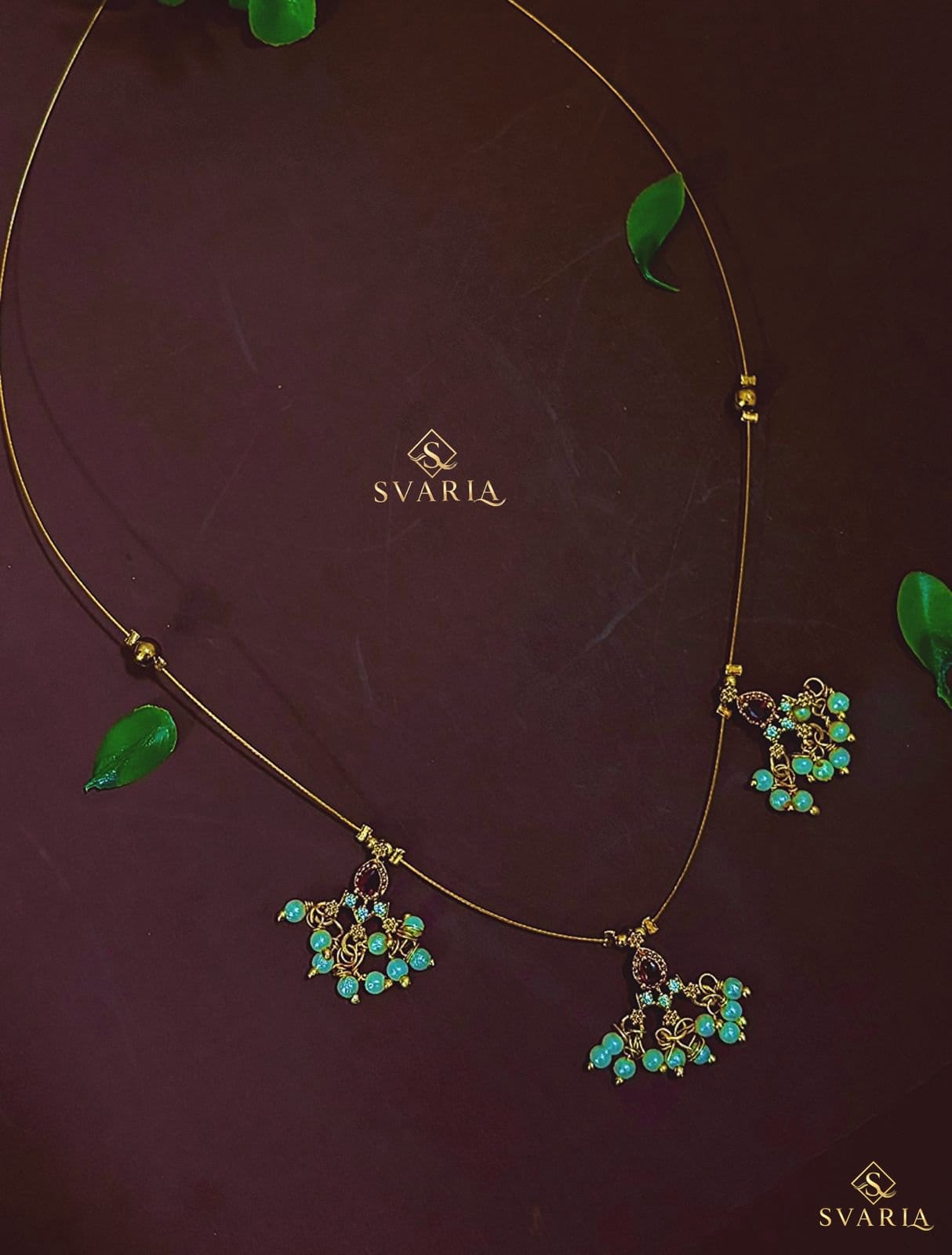 Gold Wire Triple Charm Necklace with Aqua Beads & Ruby Accents