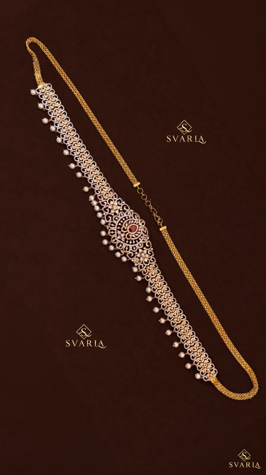 Diamond Floral Vaddanam Hip Chain Belt with Pearl Drops - S5005