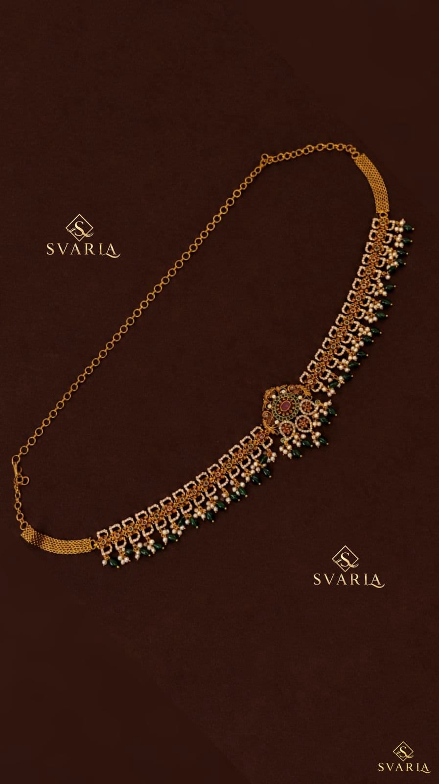 Polki Floral Vaddanam Hip Chain Belt with Emerald Drops - S5004