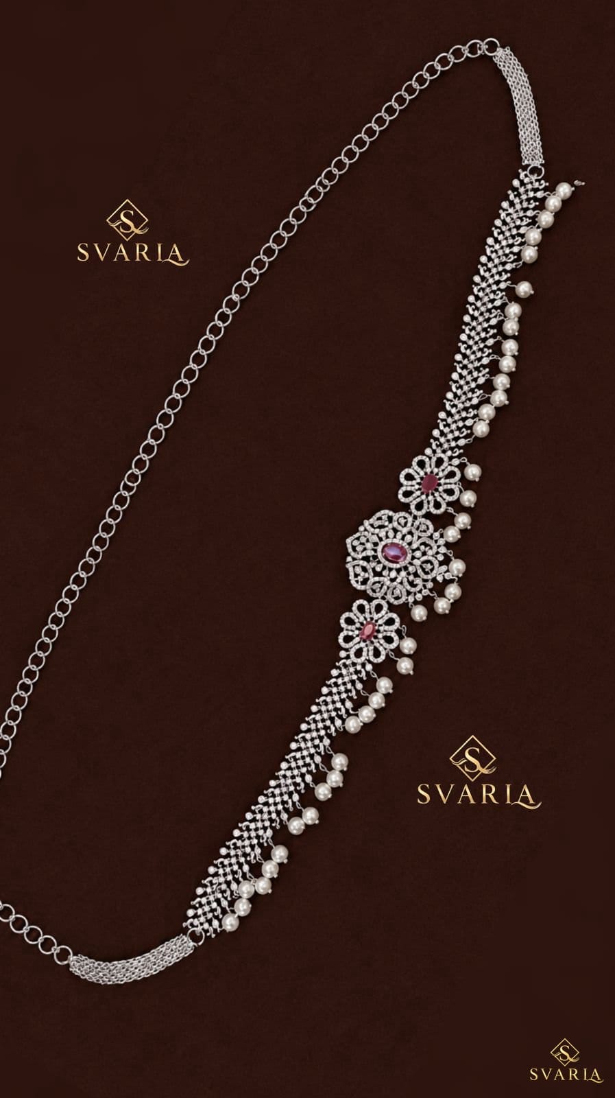 Diamond Ruby Floral Vaddanam Hip Chain Belt with Pearl Drops - S5001