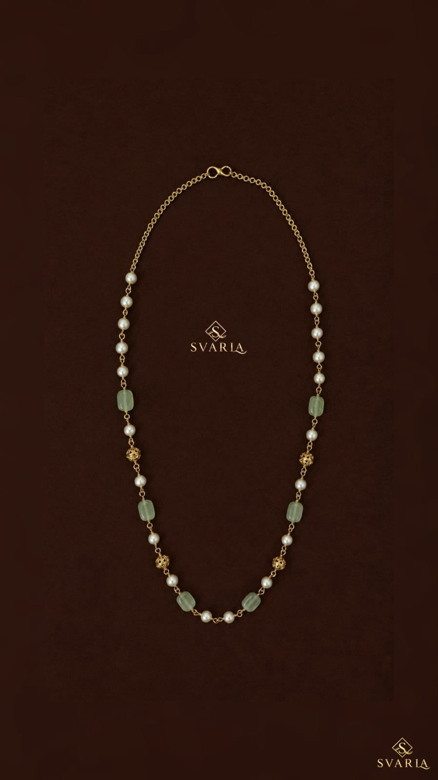 Emerald Green Stone & Pearl Long Chain Necklace - S1009
