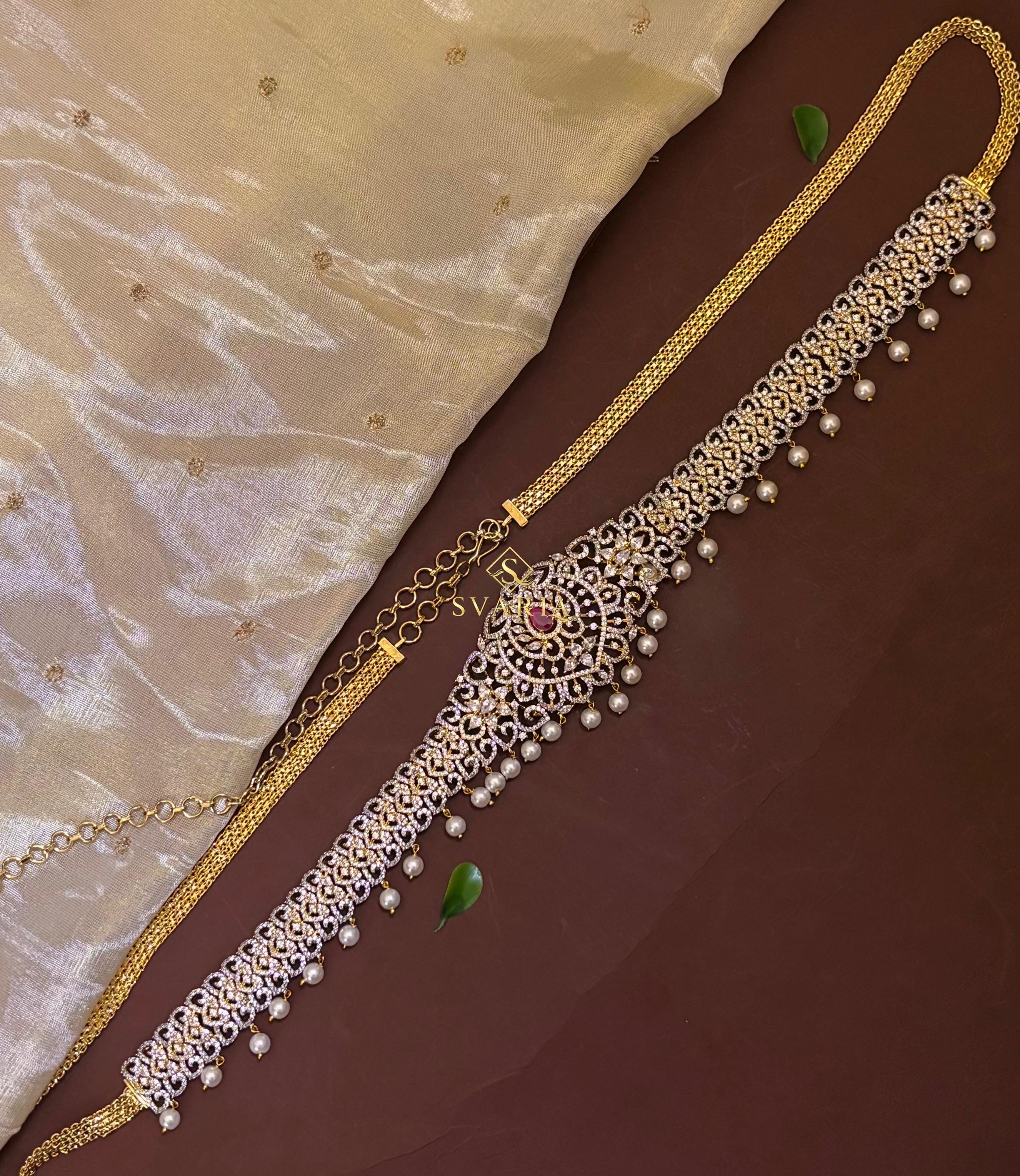 Diamond Floral Vaddanam Hip Chain Belt with Pearl Drops
