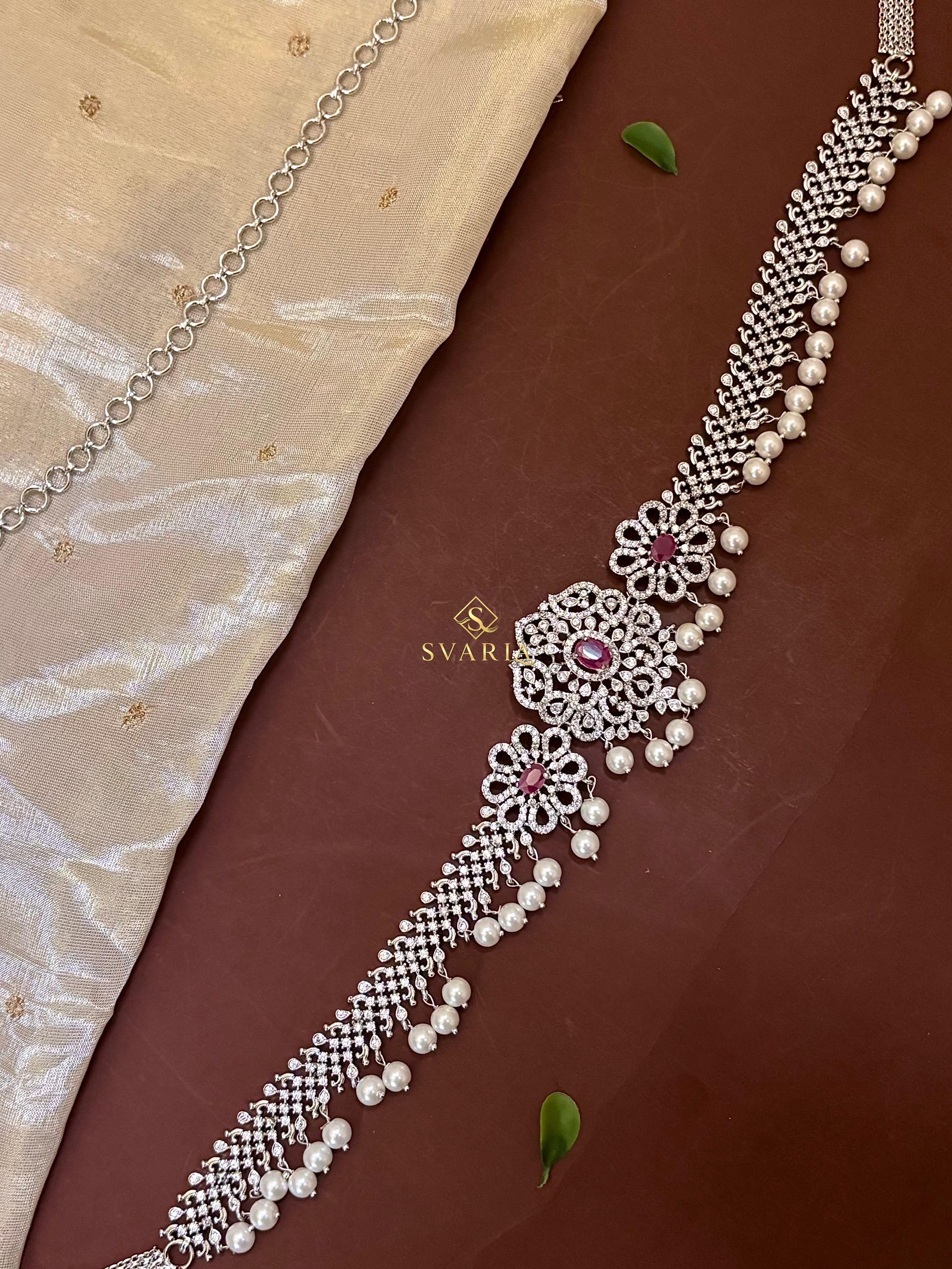 Diamond Ruby Floral Vaddanam Hip Chain Belt with Pearl Drops