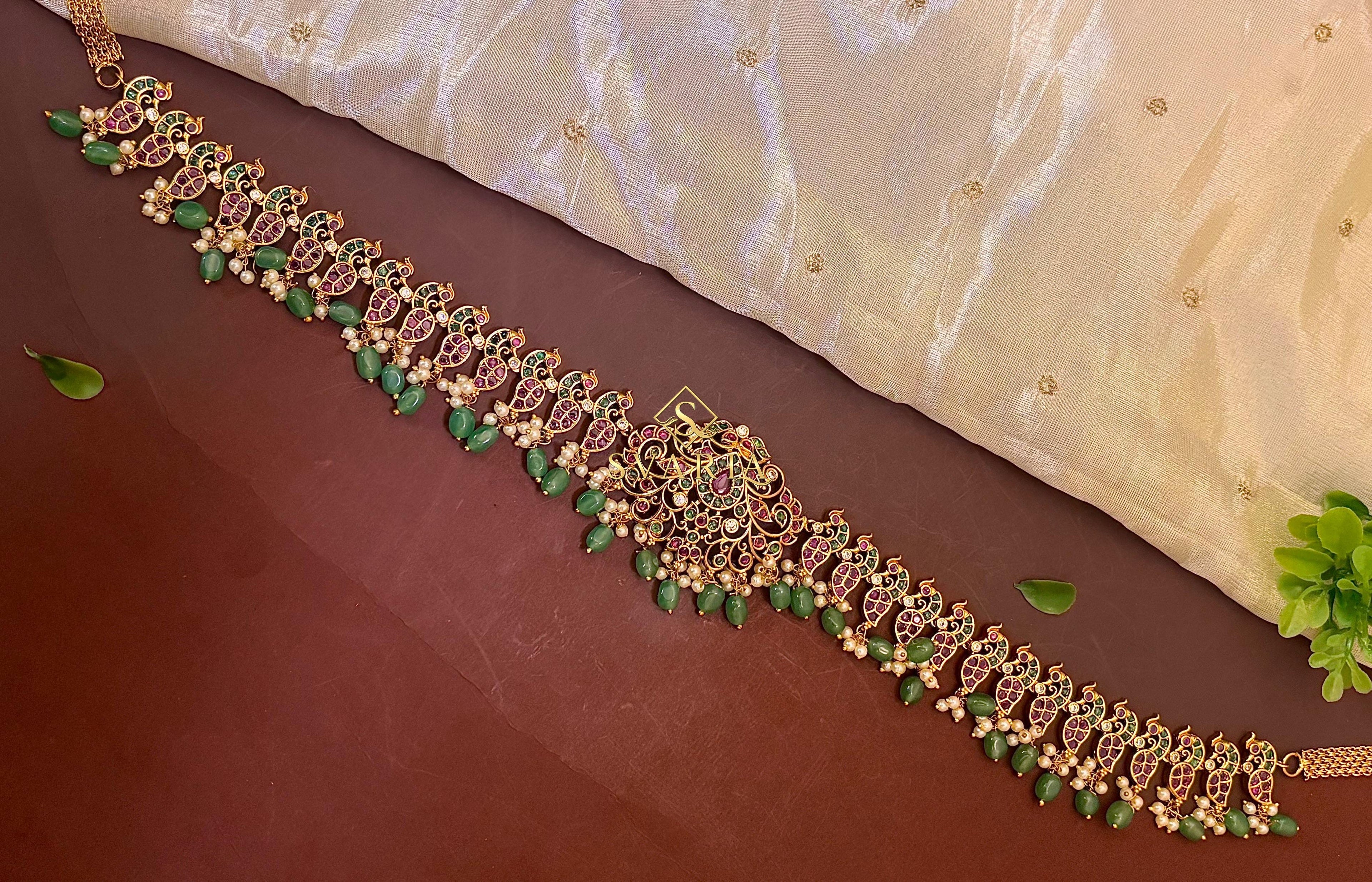 Peacock Kemp Vaddanam Hip Chain Belt with Emerald Drops