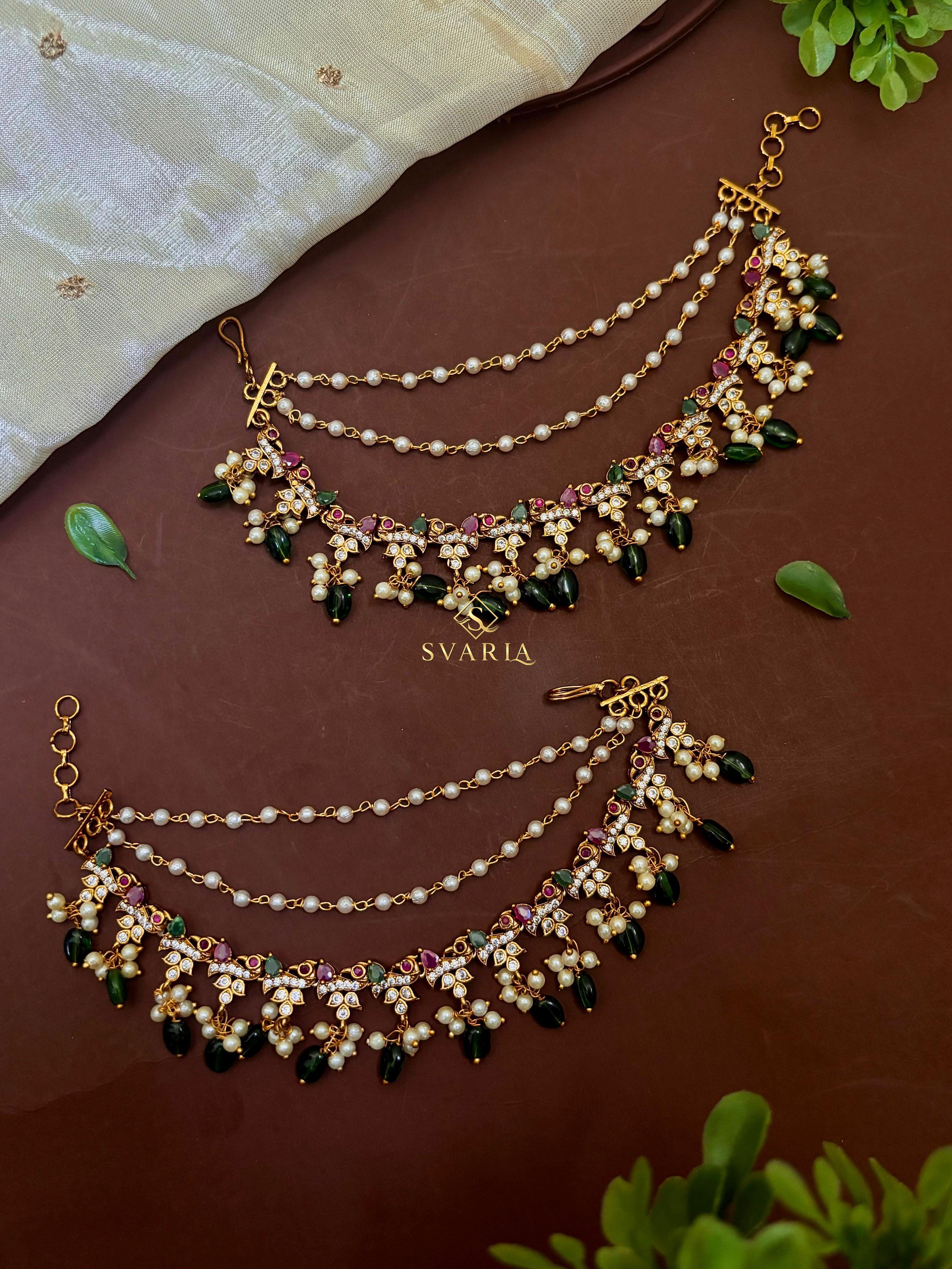 Kundan Emerald Pearl Ear Chain Set
