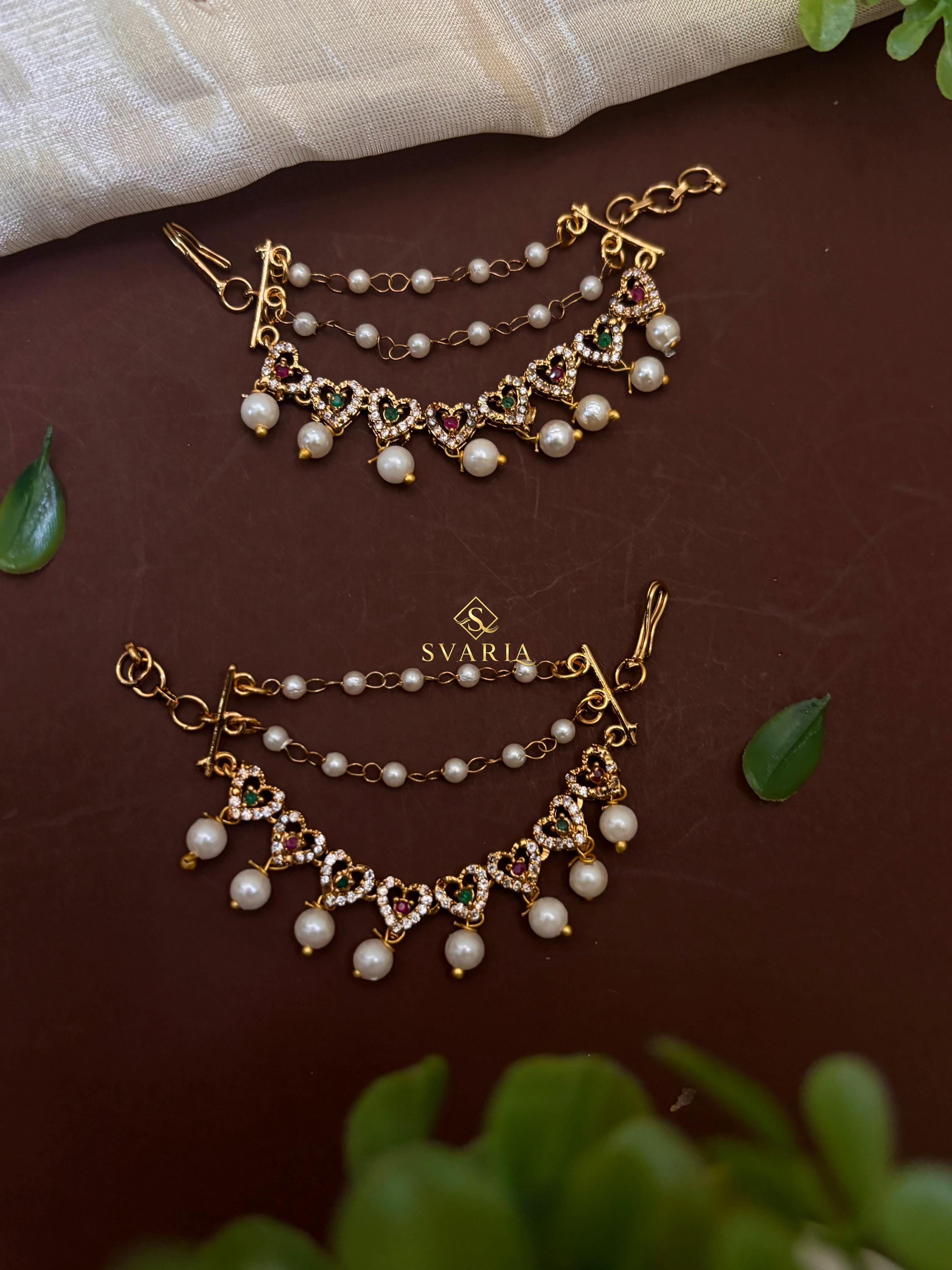 Heart Motif Pearl Ear Chain Set