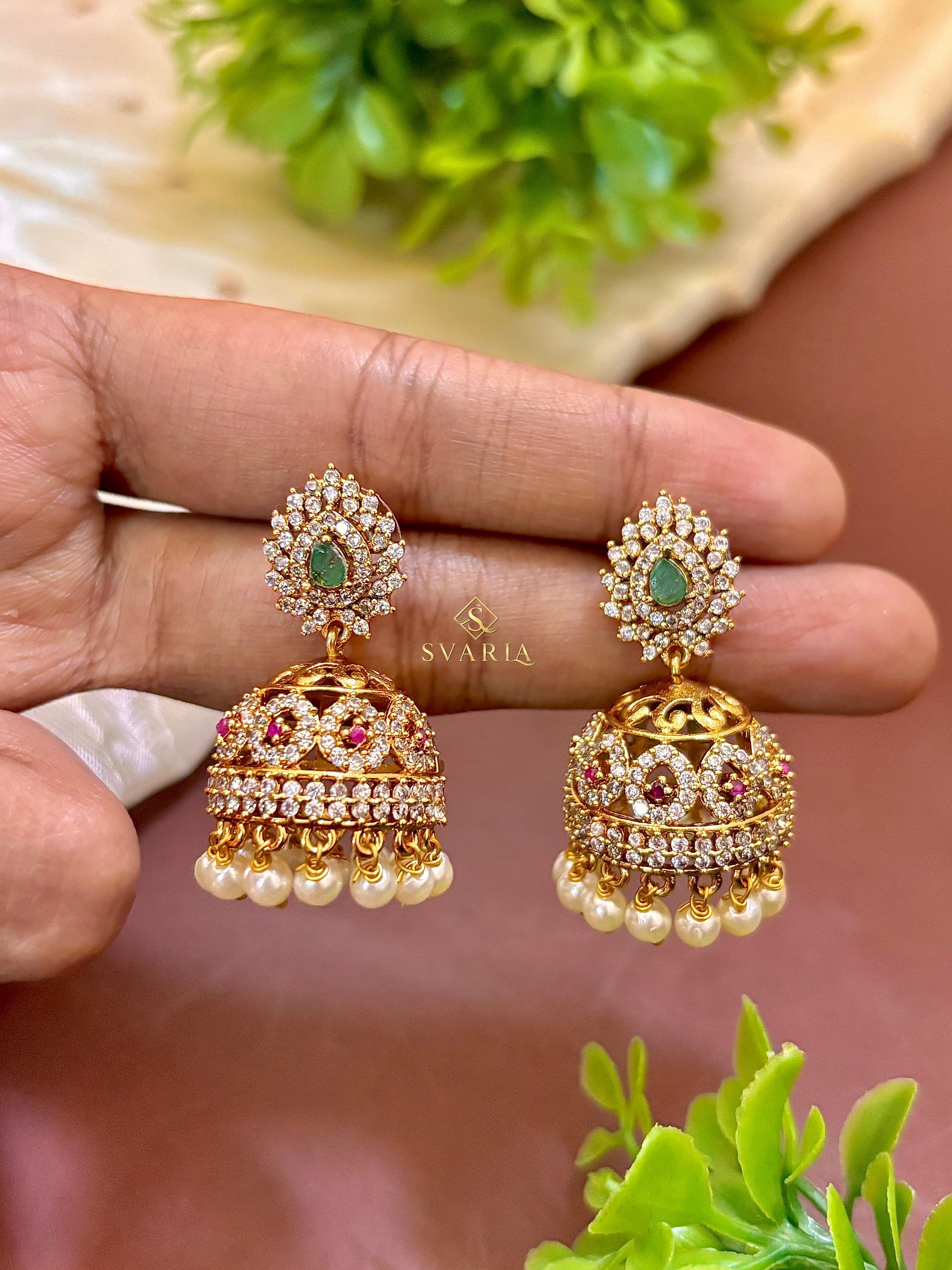 Diamond Emerald Jhumka Earrings