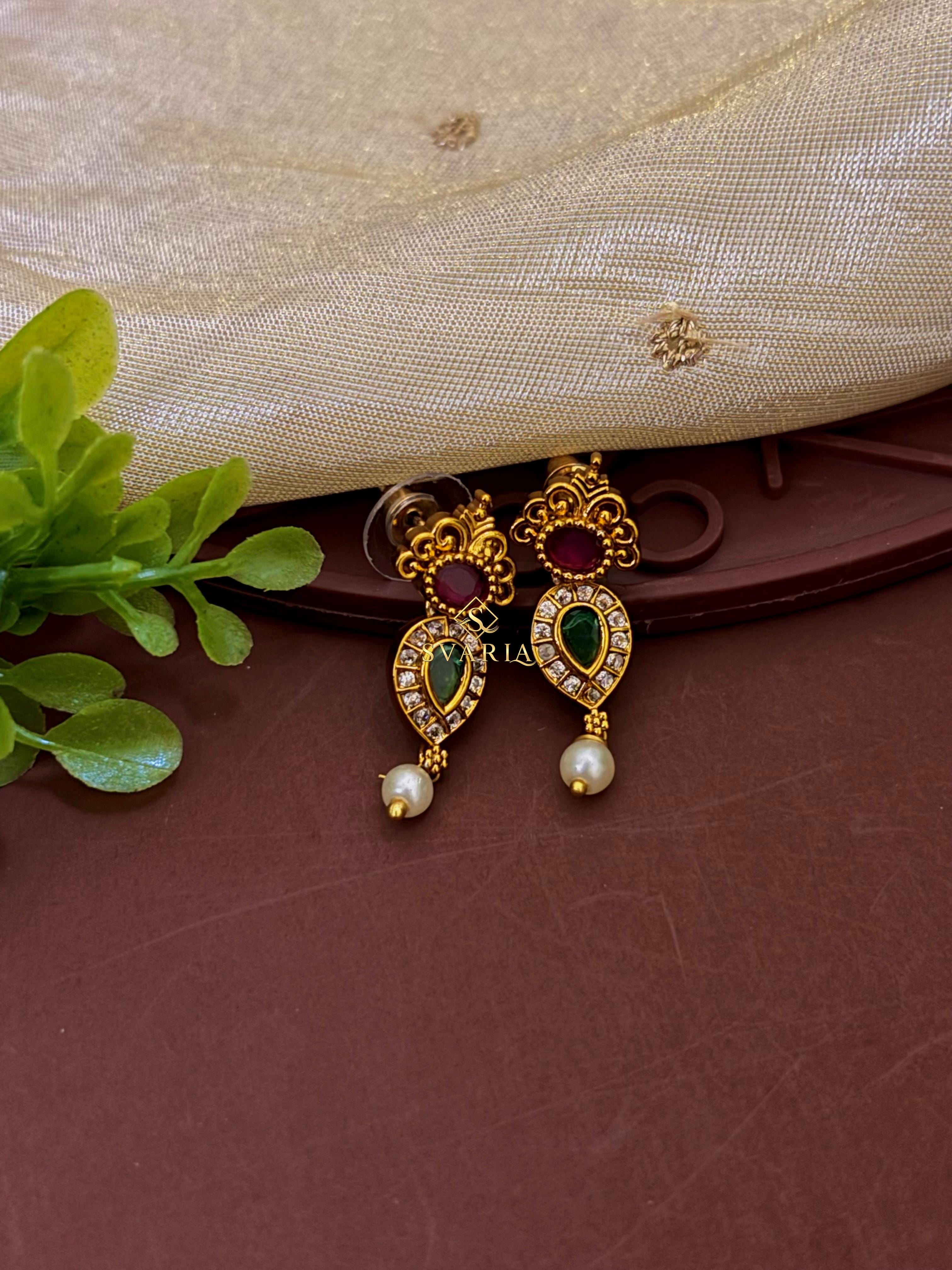 Ruby Emerald Mango Motif Long Haram with Earrings