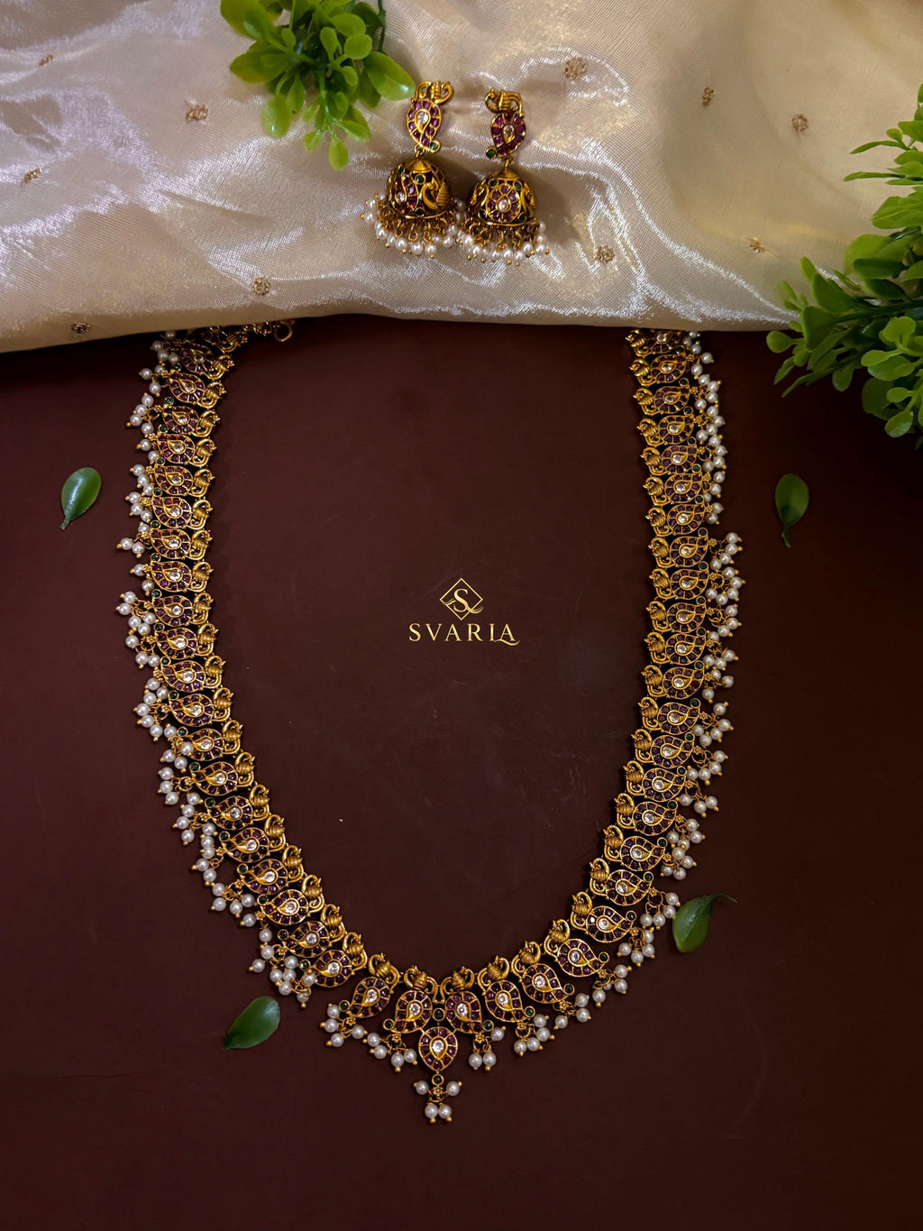 Peacock Ruby Pearl Long Haram with Jhumka Earrings