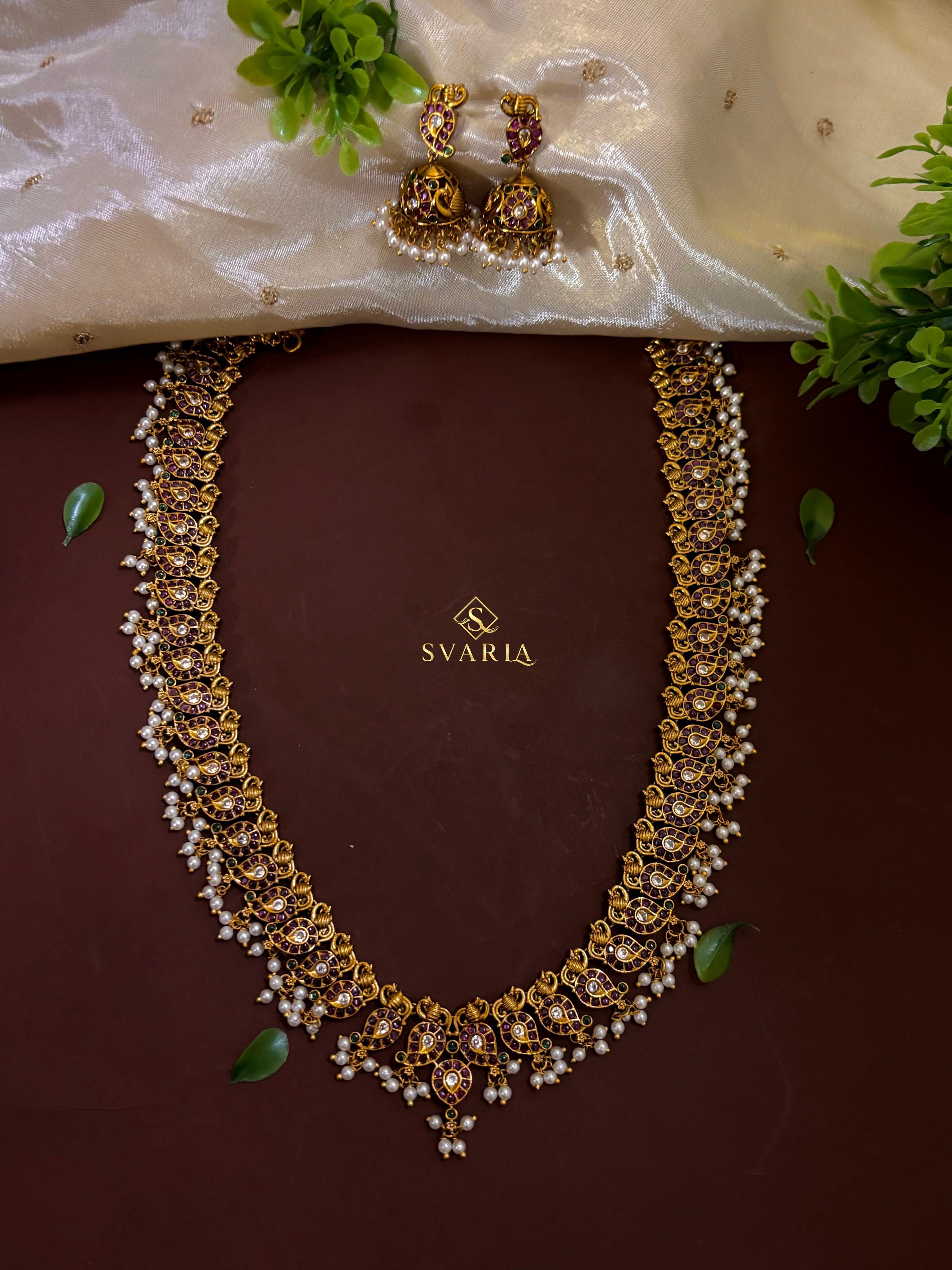 Peacock Ruby Pearl Long Haram with Jhumka Earrings