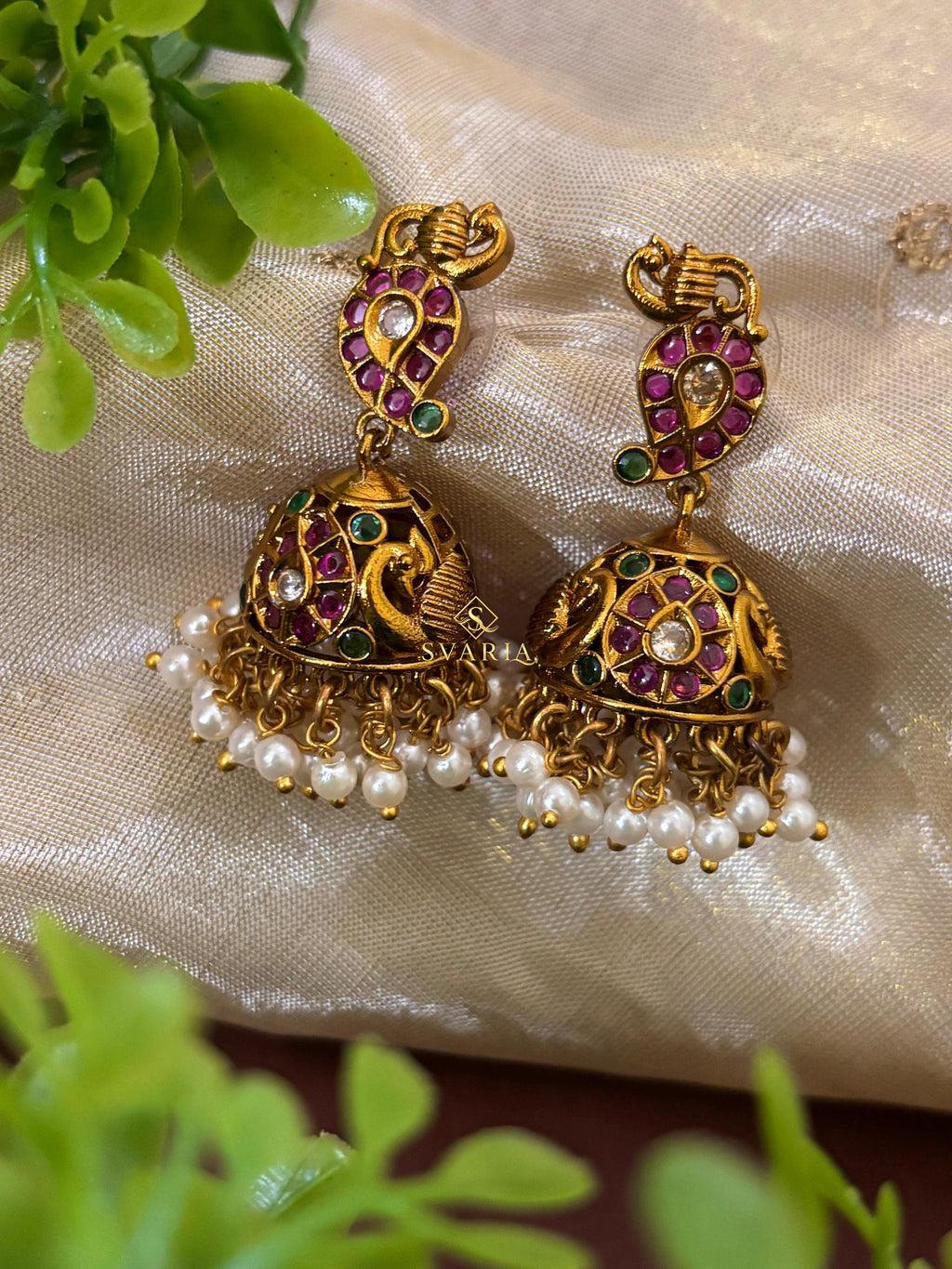 Peacock Ruby Pearl Long Haram with Jhumka Earrings