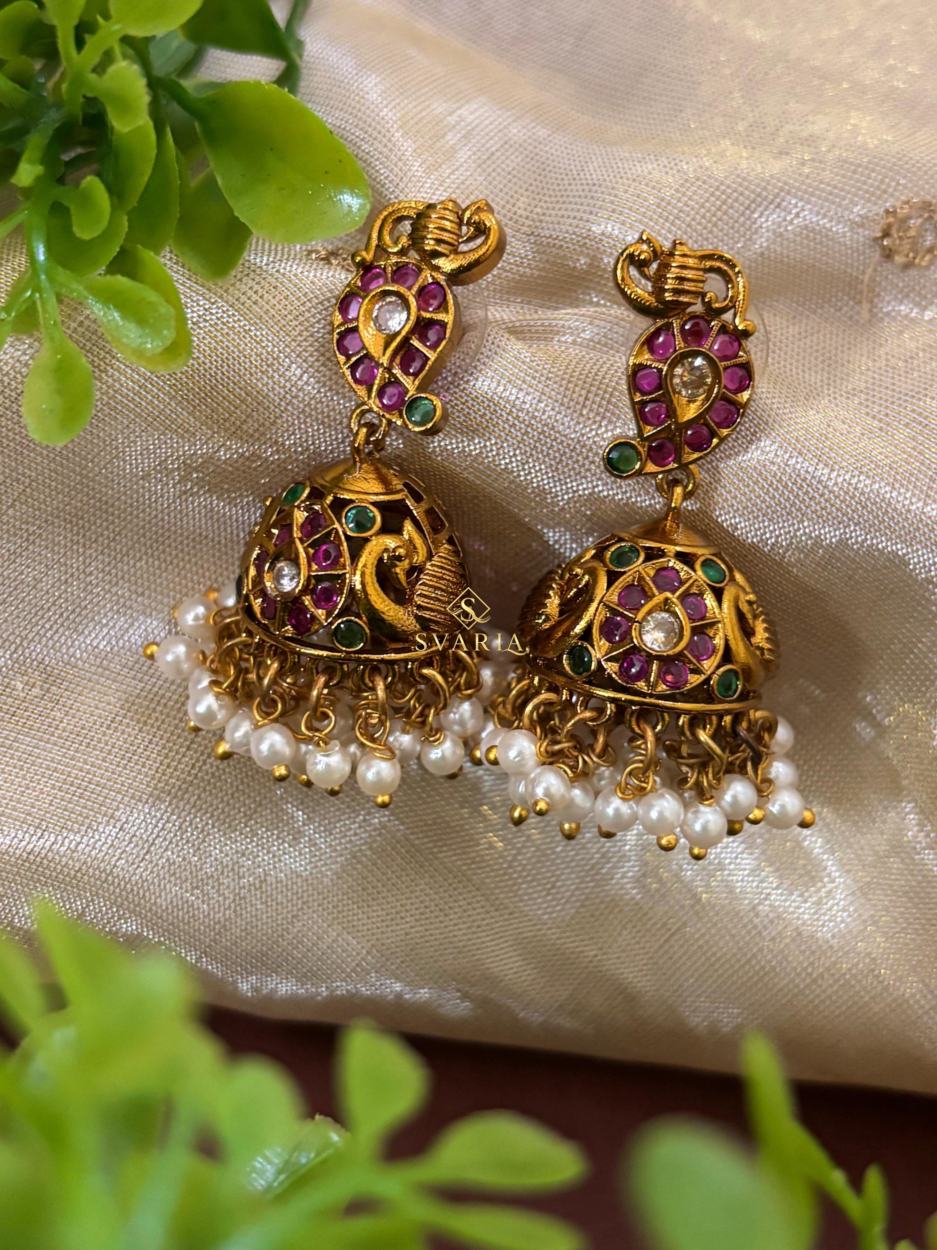 Peacock Ruby Pearl Long Haram with Jhumka Earrings
