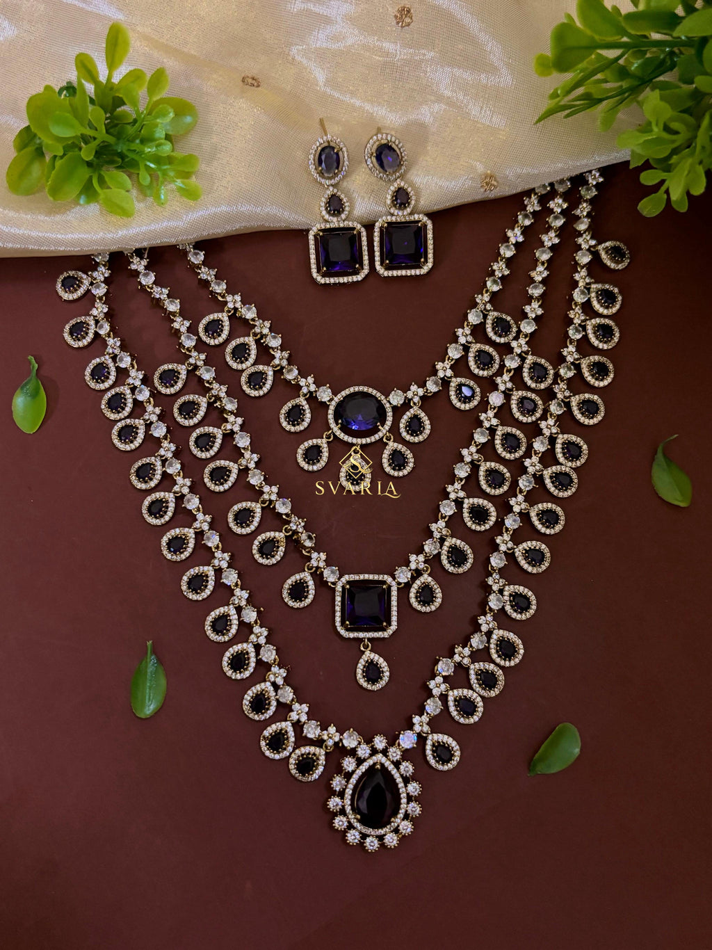 Sapphire Diamond Triple Layer Haram with Earrings