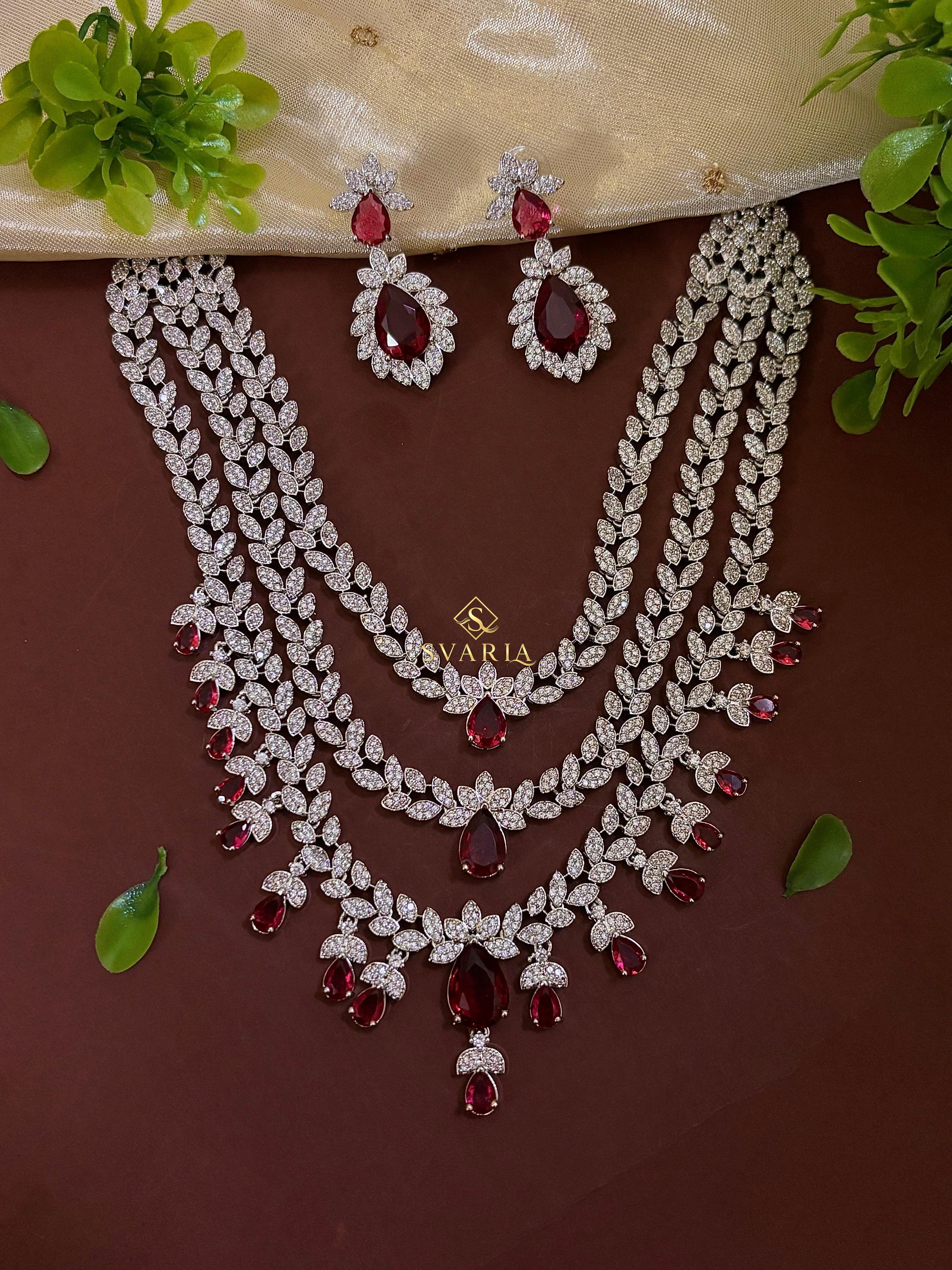 Ruby Diamond Leaf Triple Layer Haram with Earrings