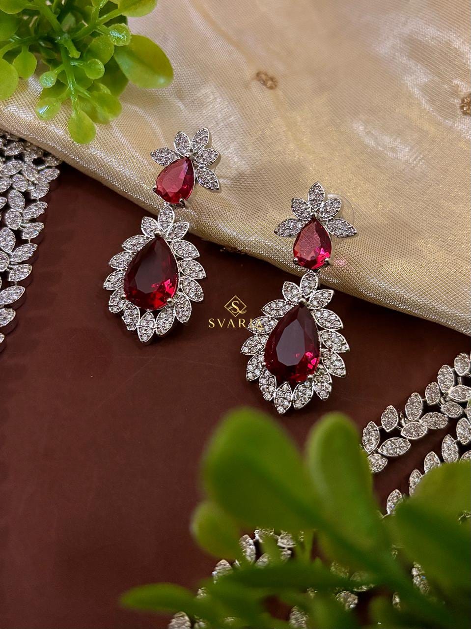 Ruby Diamond Leaf Triple Layer Haram with Earrings