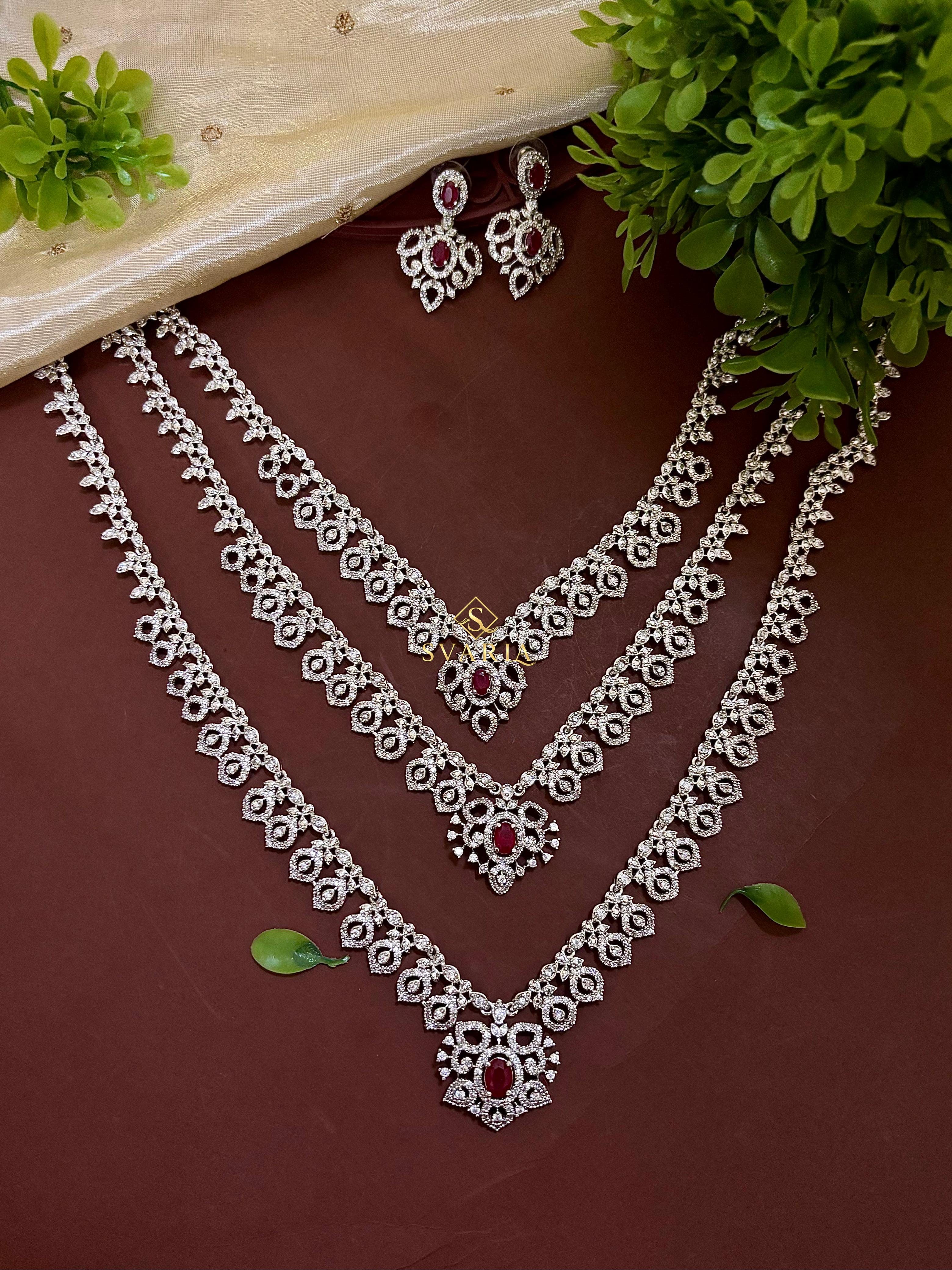 Ruby Diamond Scroll Triple Layer Haram with Earrings