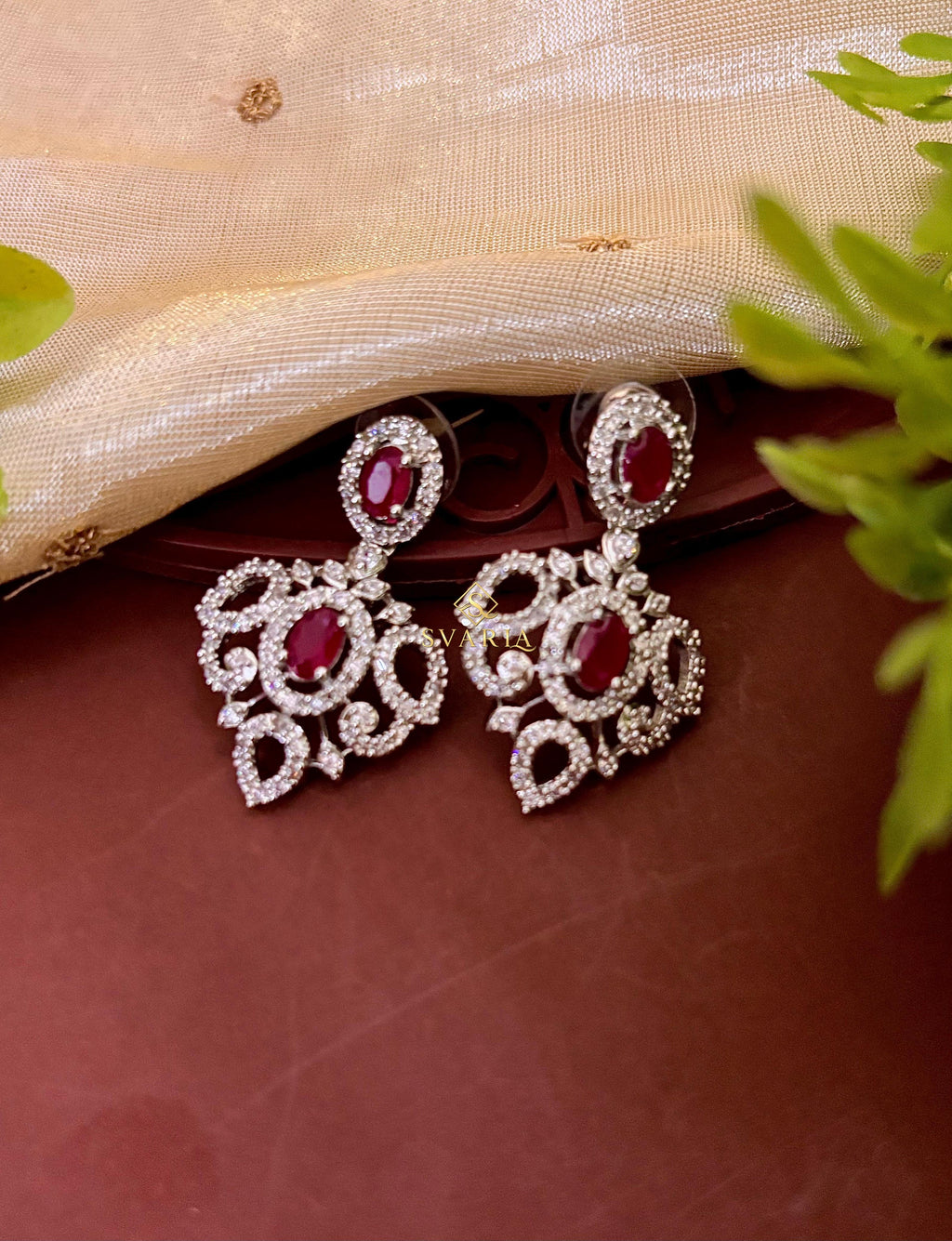 Ruby Diamond Scroll Triple Layer Haram with Earrings