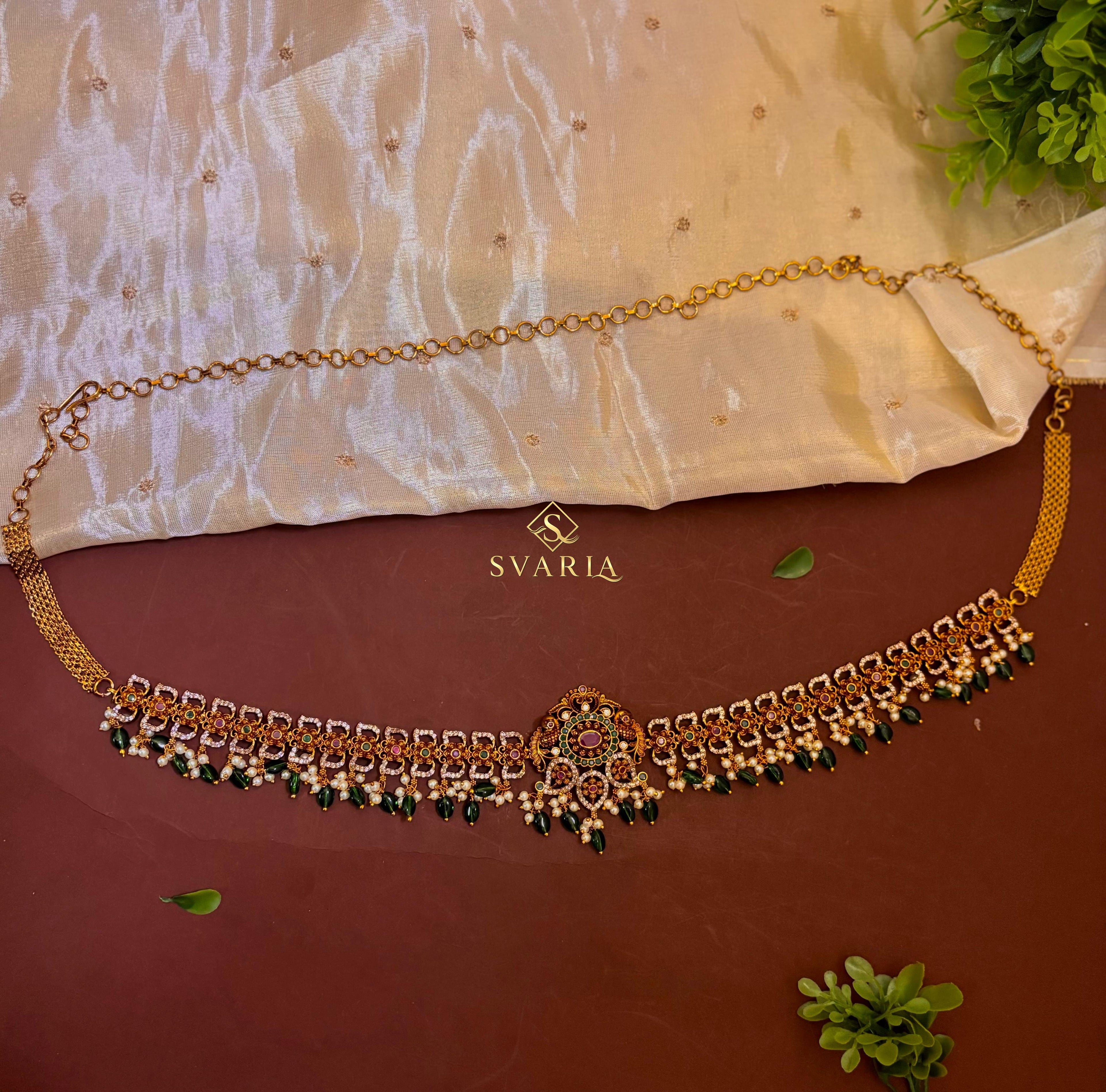 Polki Floral Vaddanam Hip Chain Belt with Emerald Drops