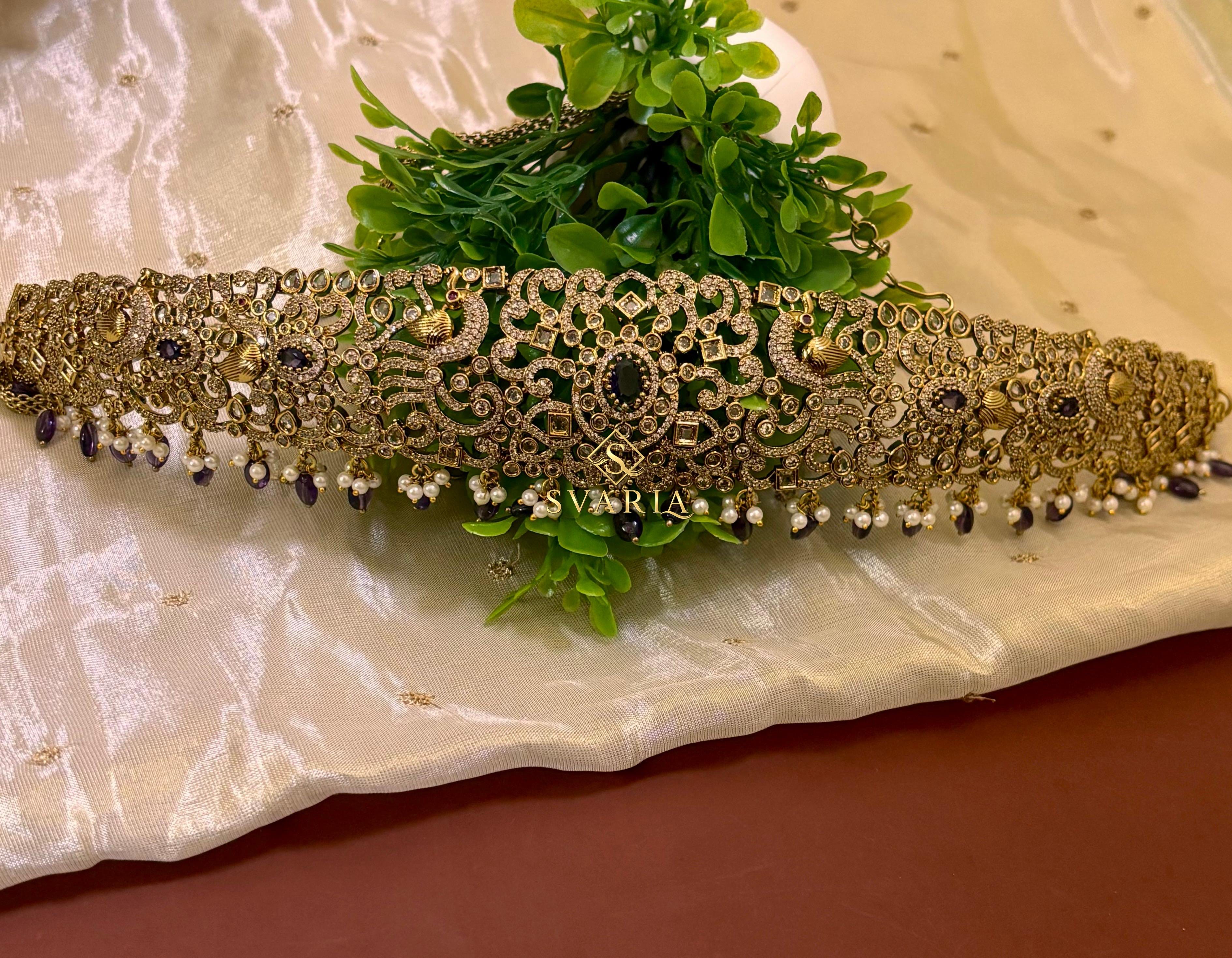 Victorian Sapphire Polki Vaddanam Hip Chain Belt with Pearl Drops