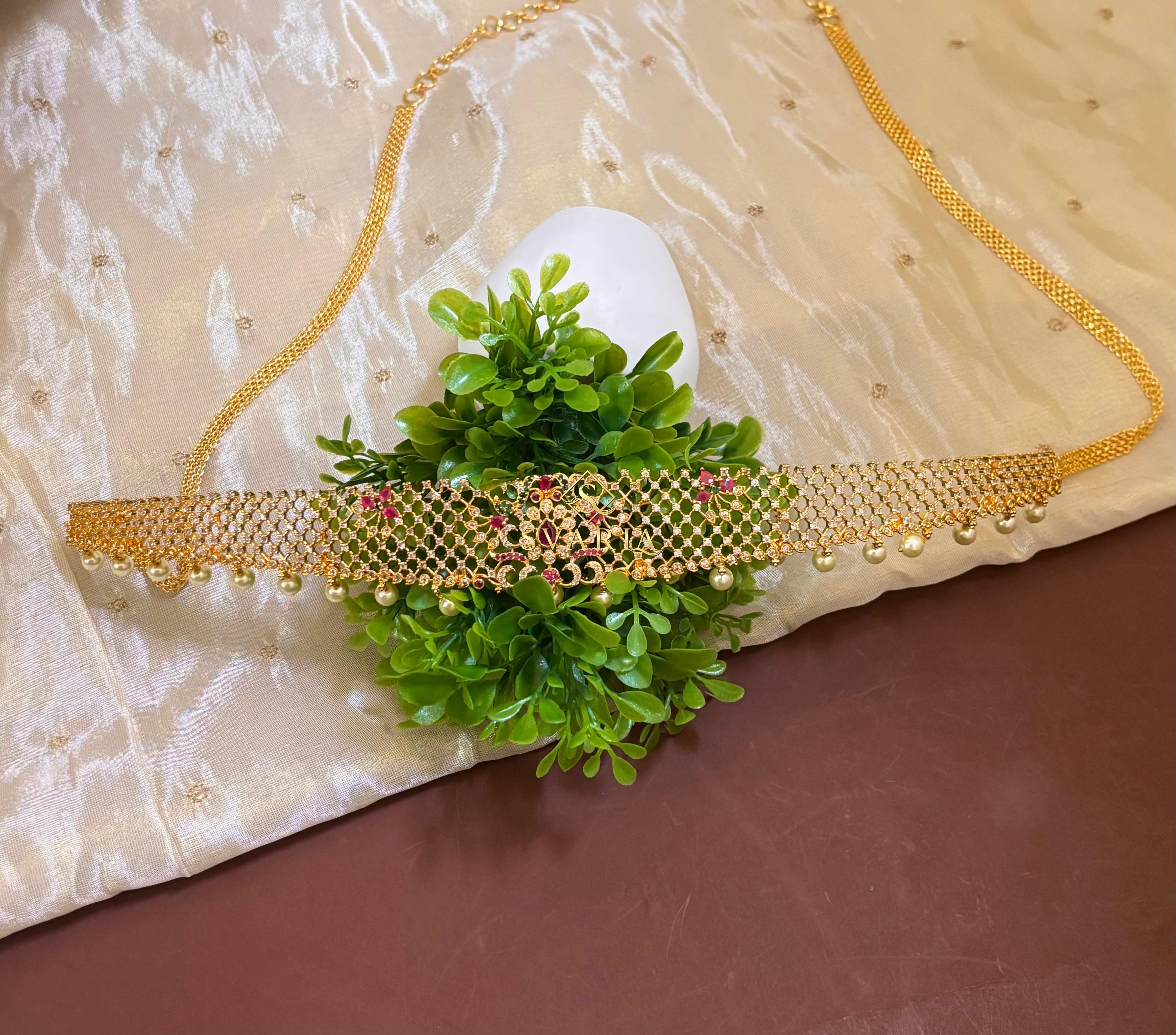 Gold Mesh Floral Vaddanam Hip Chain Belt with Pearl Drops