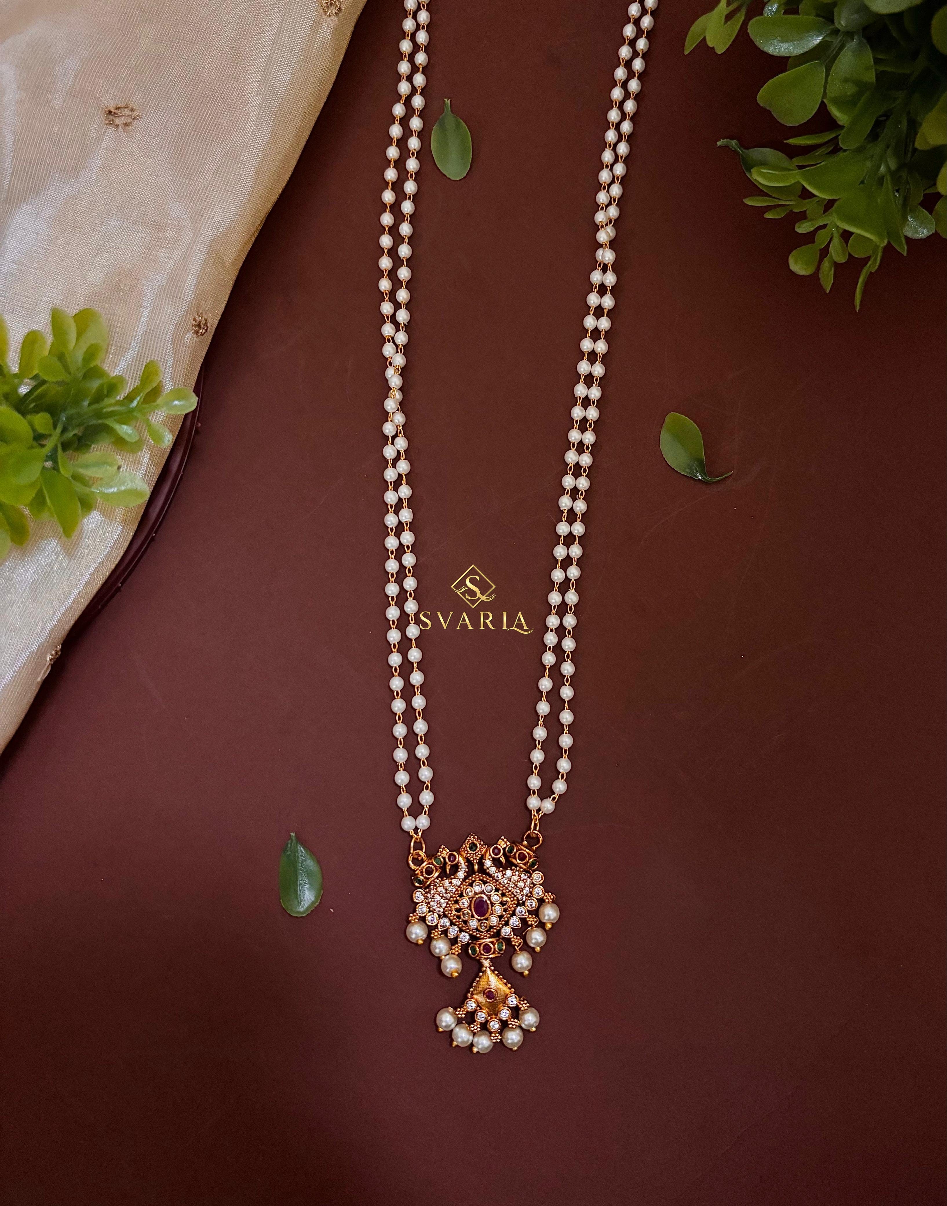 Double Strand Pearl Chain Necklace with Polki Ruby Pendant