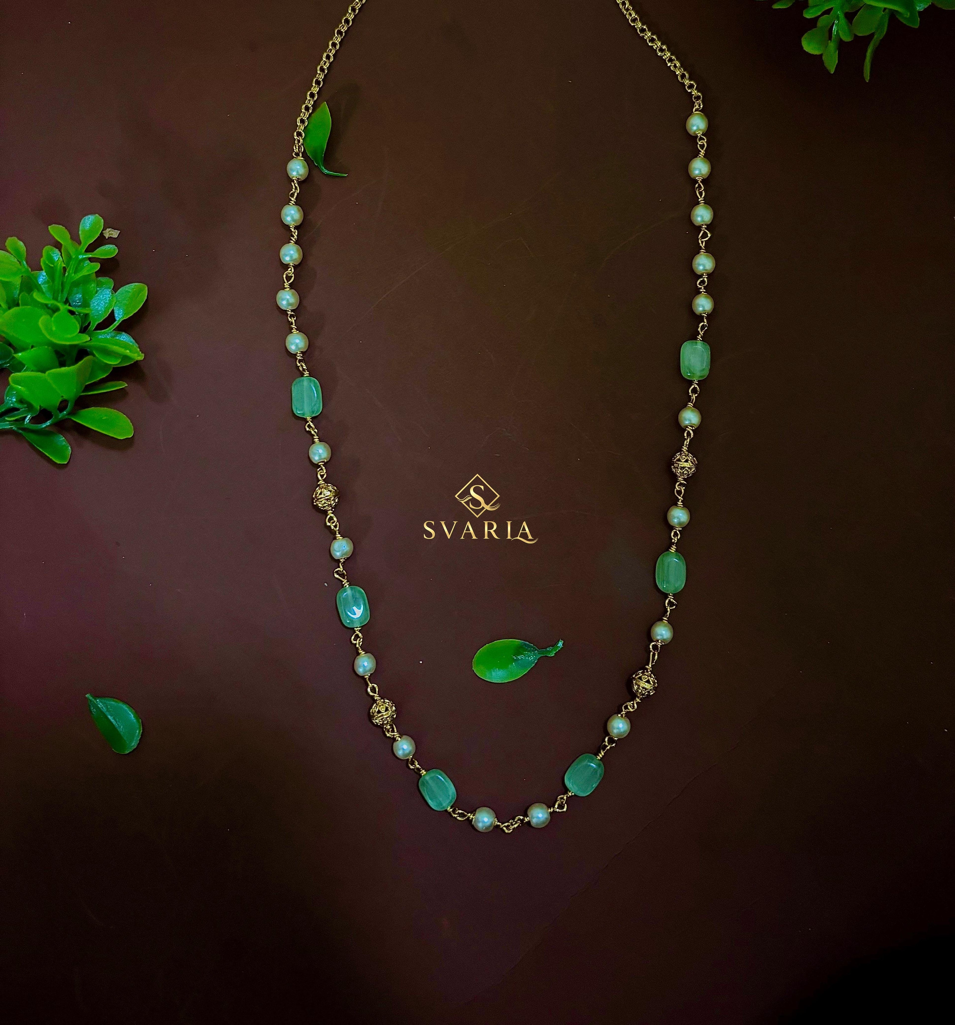Emerald Green Stone & Pearl Long Chain Necklace