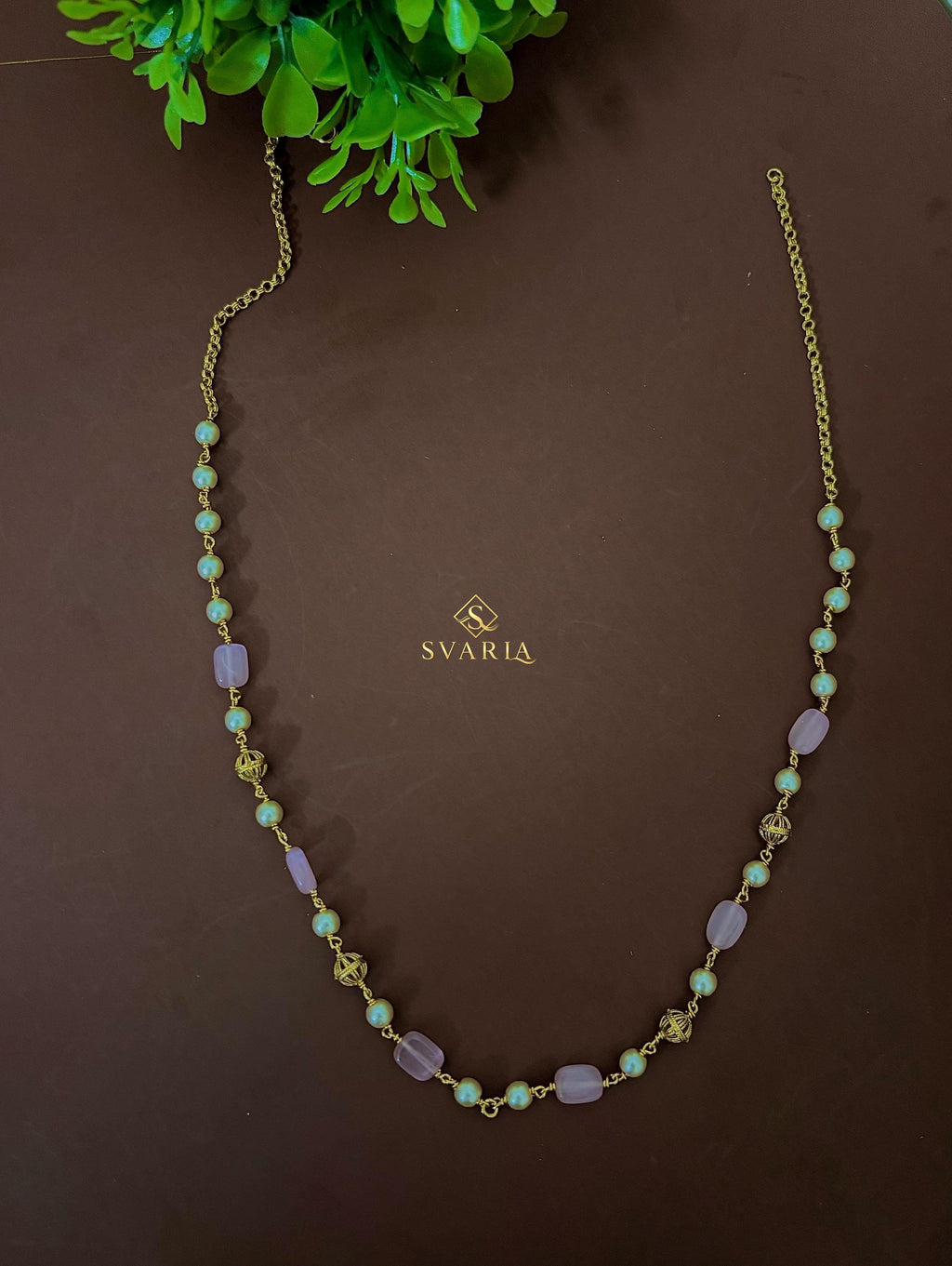 Emerald Green Stone & Pearl Long Chain Necklace