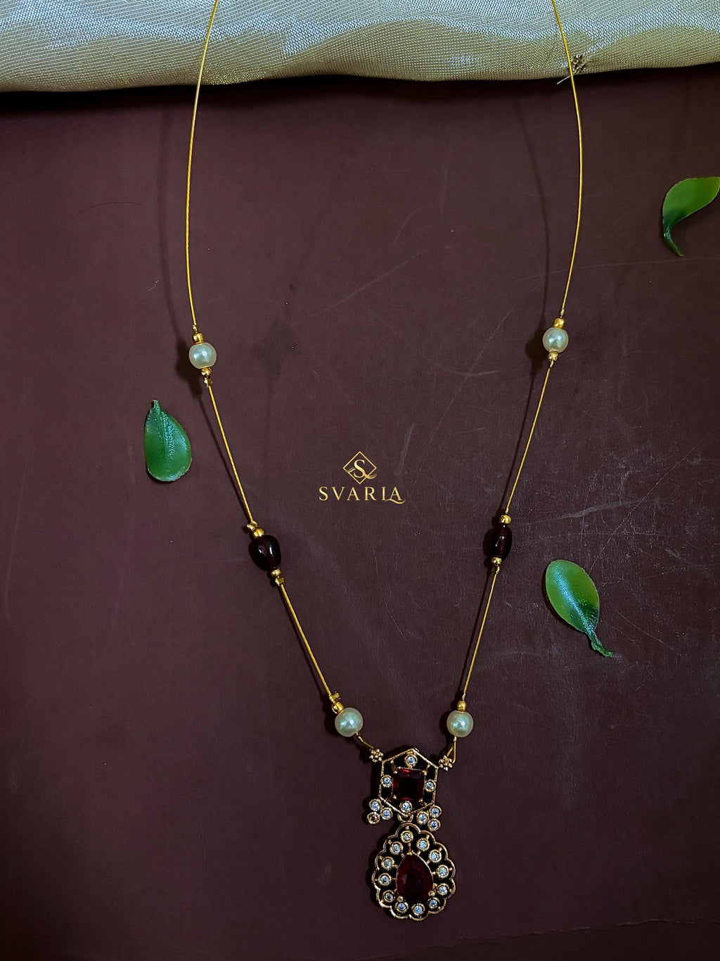 Gold Wire Ruby Diamond Floral Pendant Necklace with Pearl Accents