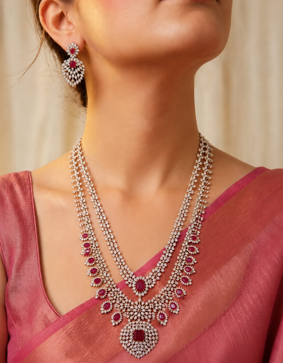 Diamond Ruby Long Haaram Necklace Set with Earrings – S2008