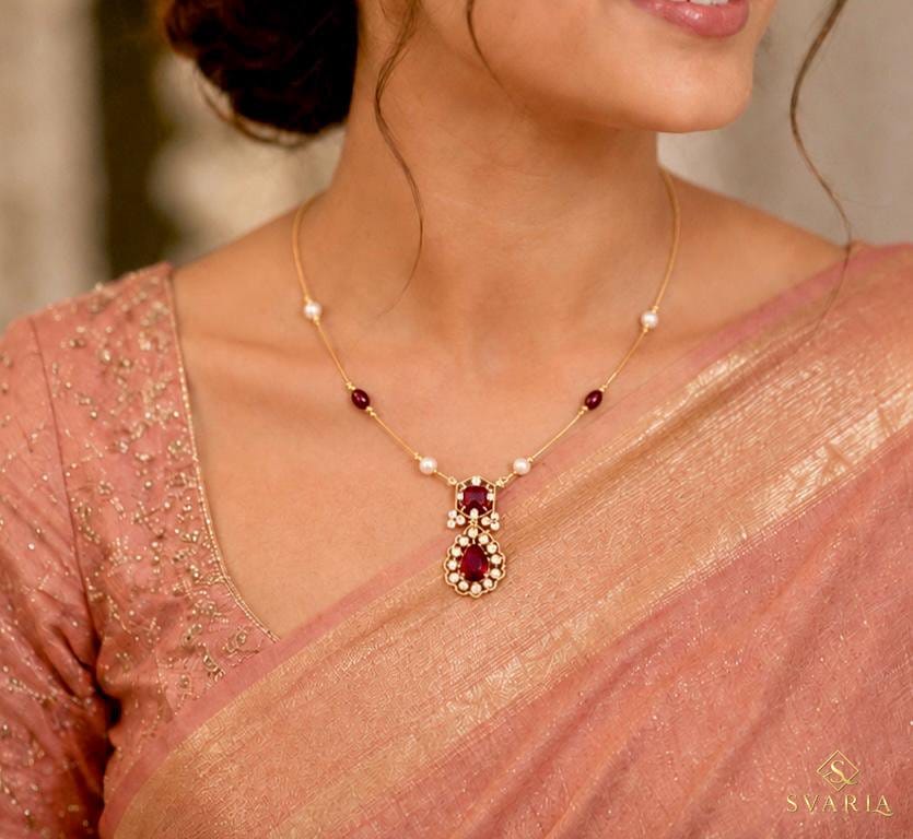 Gold Wire Ruby Diamond Floral Pendant Necklace with Pearl Accents