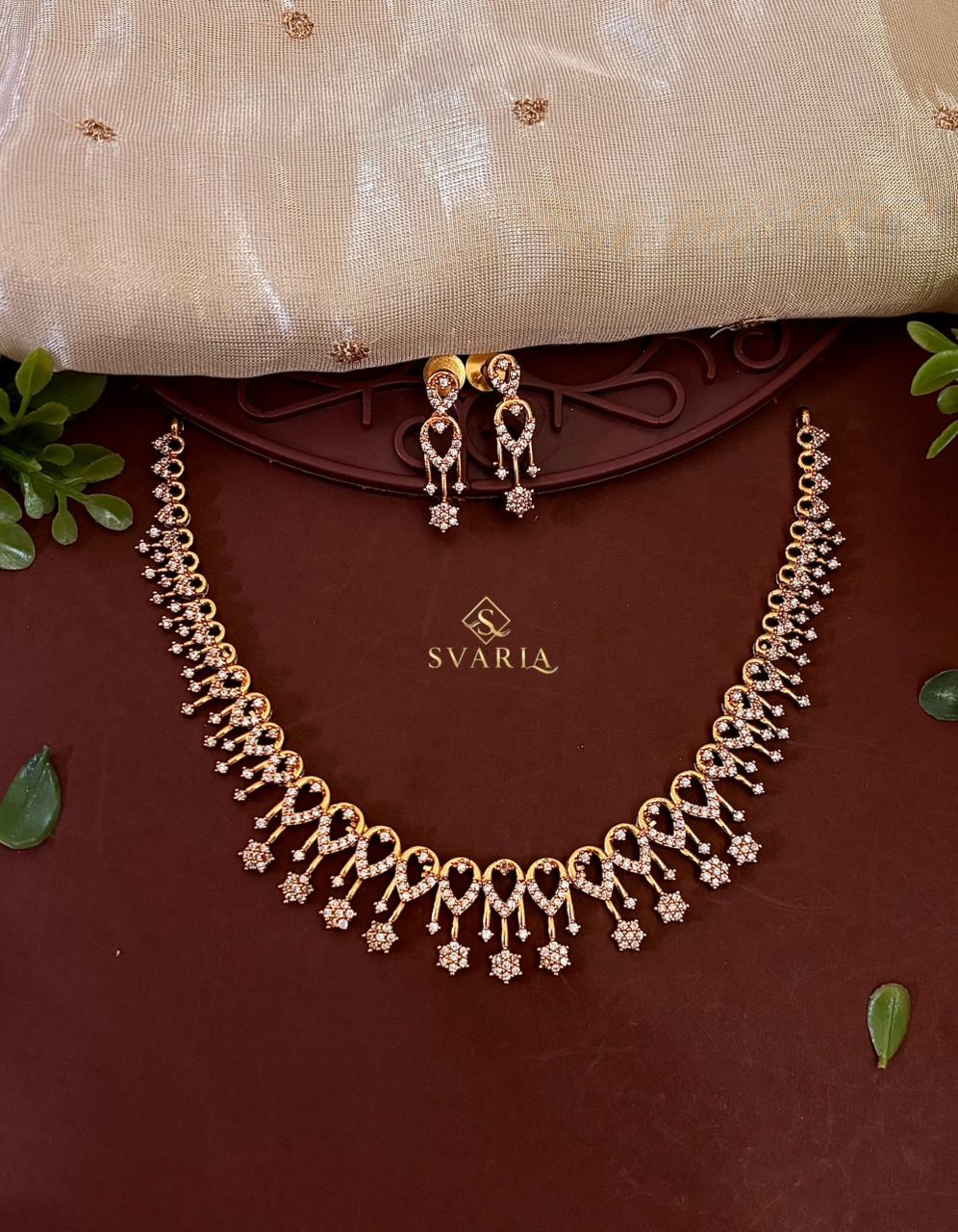 Gold CZ Heart Motif Choker Set with Floral Drop Earrings – S1016