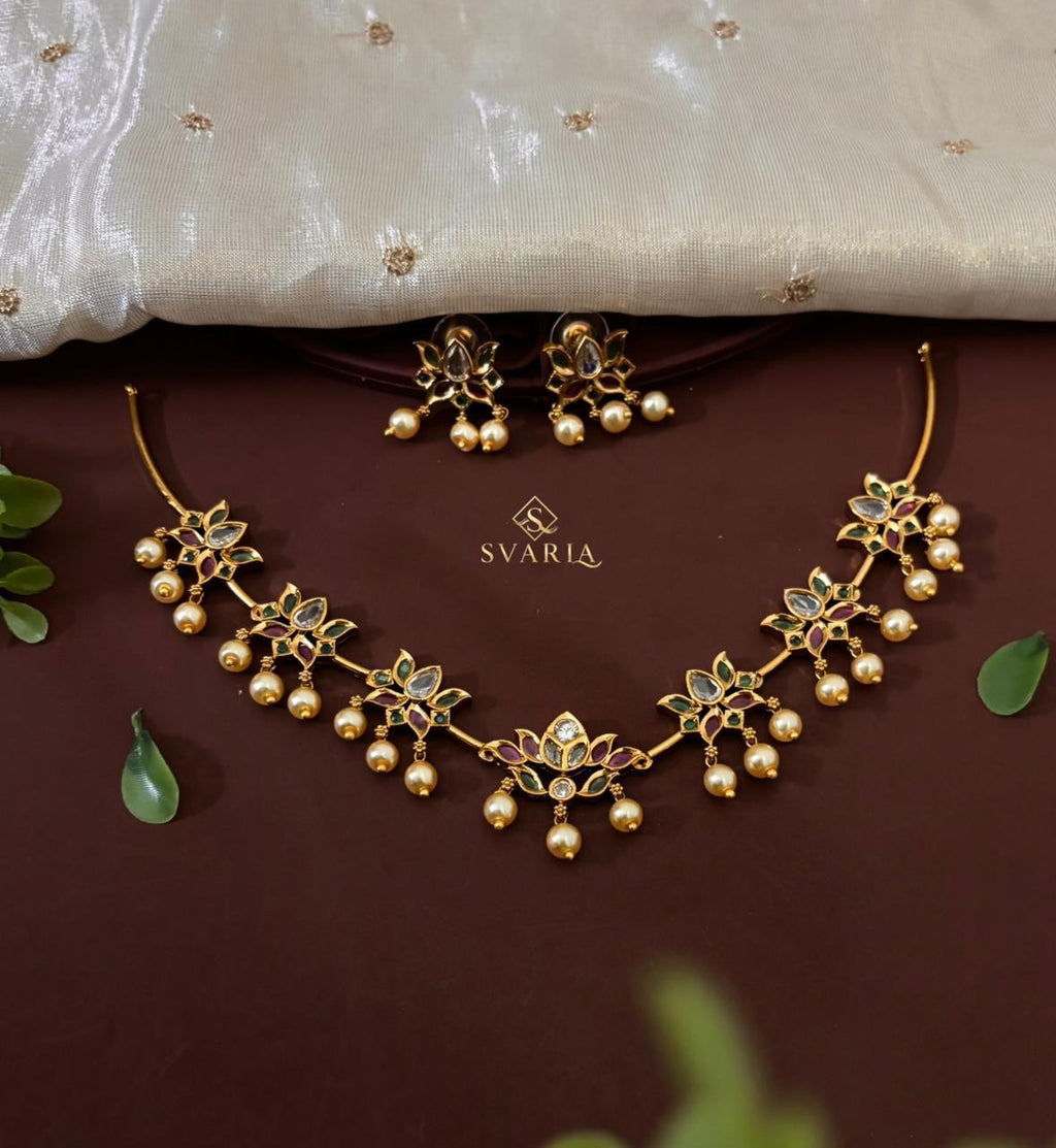 Polki Lotus Choker Set with Pearl Drops & Earrings – S1025