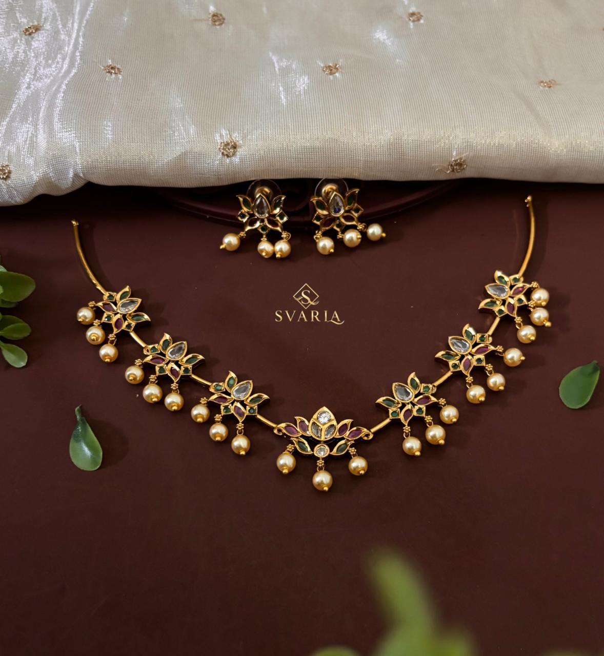 Polki Lotus Choker Set with Pearl Drops & Earrings – S1025