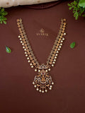 Lakshmi Kasu Coin Long Haaram with CZ Peacock Pendant & Pearl Drops – S1028
