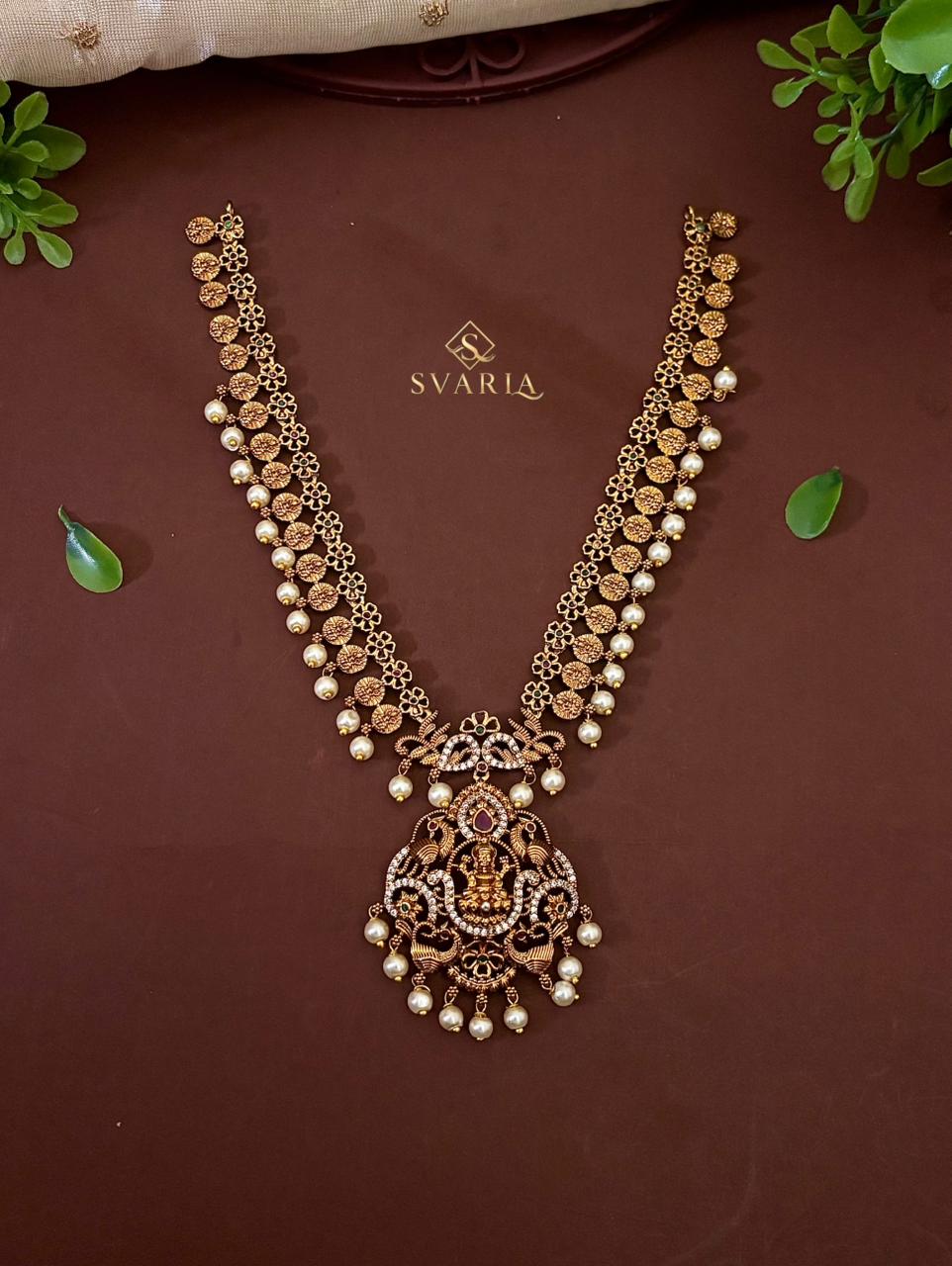 Lakshmi Kasu Coin Long Haaram with CZ Peacock Pendant & Pearl Drops – S1028