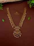 Lakshmi Kasu Coin Long Haaram with CZ Peacock Pendant & Pearl Drops – S1028