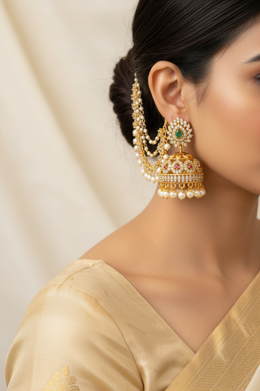 Side Profile Jhumka with Pearl Ear Chain